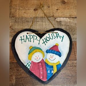 Happy Holiday Snowmen Slate Wall Hanging Heart Shaped Hand Painted 10” x 9”